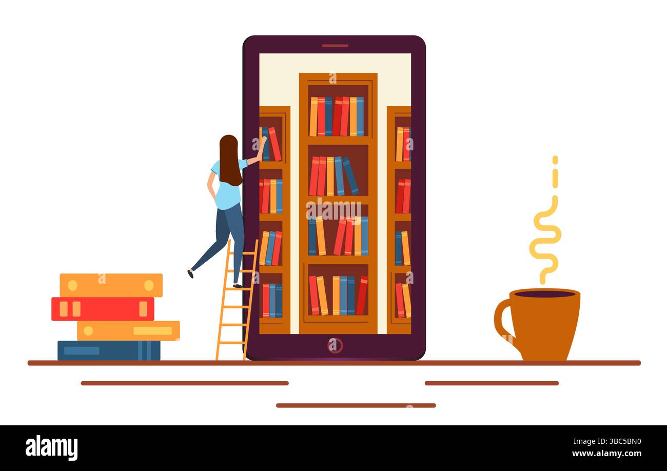 L'étudiant apprend. grande pile de livres sur eux se trouve jeune femme avec ordinateur portable. Illustration de Vecteur