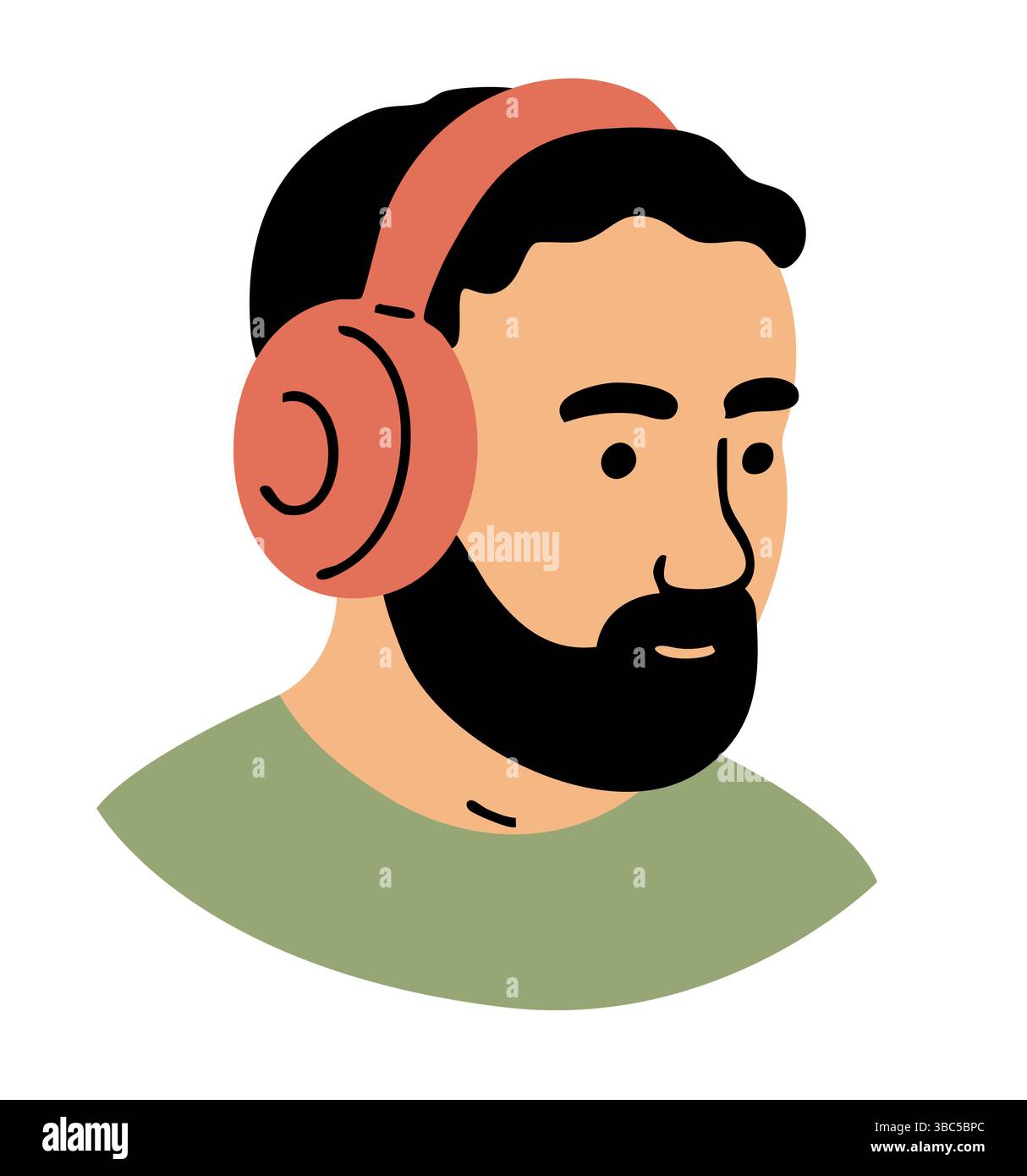 Portrait de tête jeune homme avec barbe et écouteurs. Musique, radio, streaming. Profession créative en studio d'enregistrement et passe-temps. Illustration vectorielle plate i Illustration de Vecteur