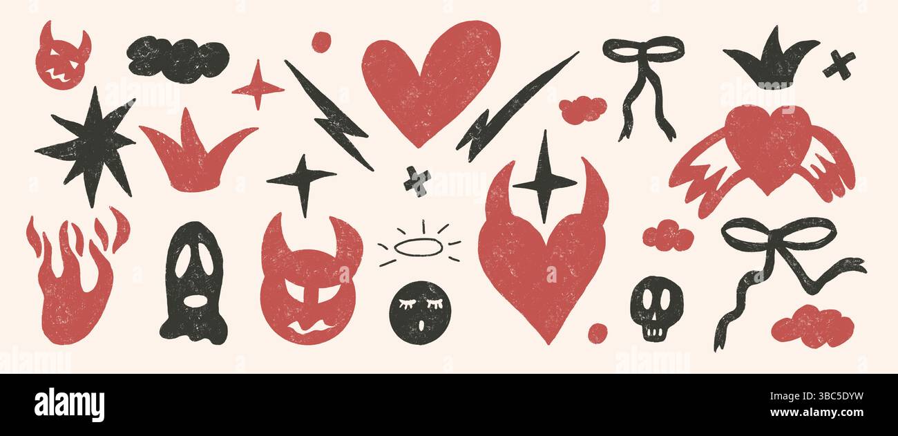 Ensemble de griffonnages coquette en forme de coeur cassant. Diable et anges crayon fond dessiné. Eléments grunge de gribouillage. Feu, arcs, couronne et grunge punk formes. VEC Illustration de Vecteur
