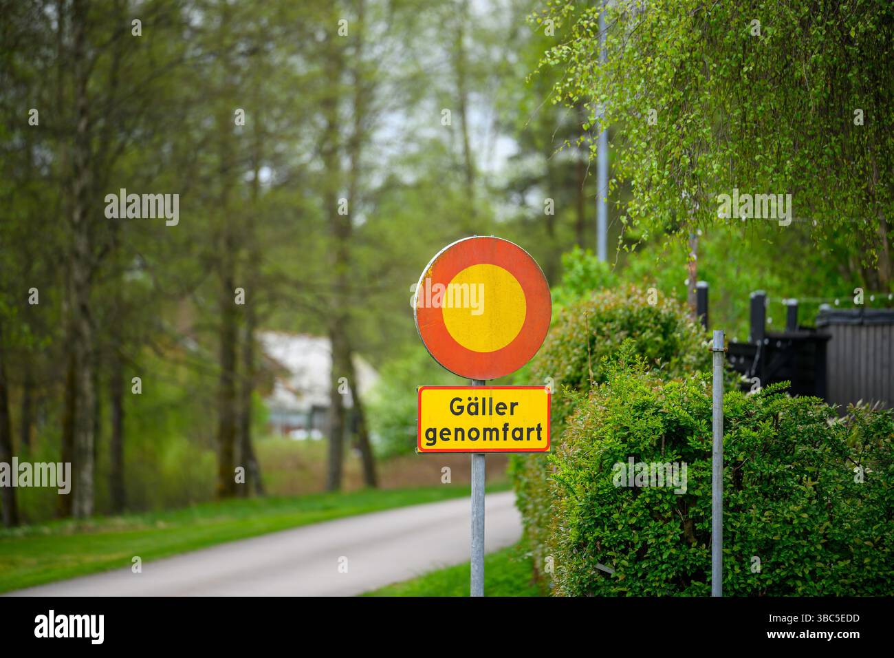 Un panneau jaune vif et rouge avertit de passage interdit, positionné près d'une route sinueuse bordée de feuillage vert vibrant dans une campagne paisible Banque D'Images
