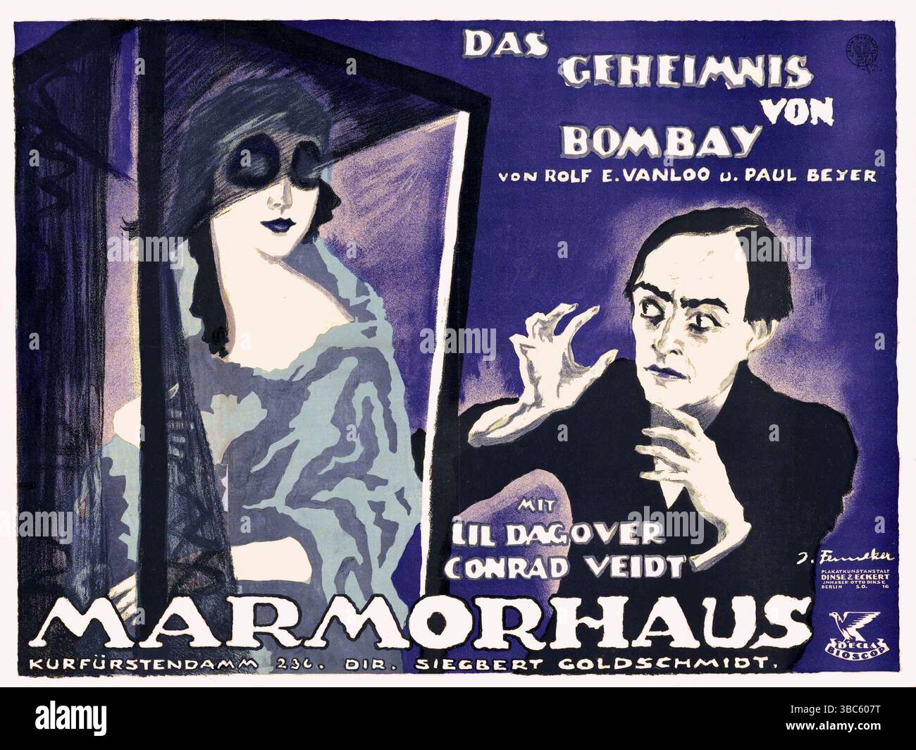 1921 Das Geheimnis von Bombay, Marmorhaus, affiche de film, œuvre de Josef Fenneker Banque D'Images