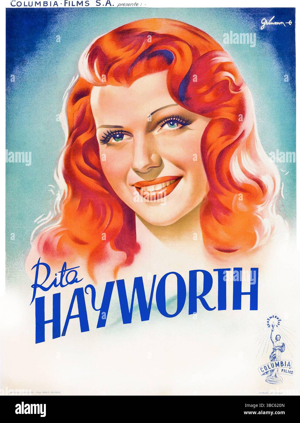 Affiche de personnalité de Rita Hayworth des années 1940. Columbia Pictures. Oeuvre de Boris Grinsson Banque D'Images