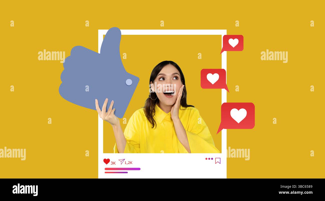 Engager les influenceurs des médias sociaux partageant du contenu avec des likes et des réactions Banque D'Images