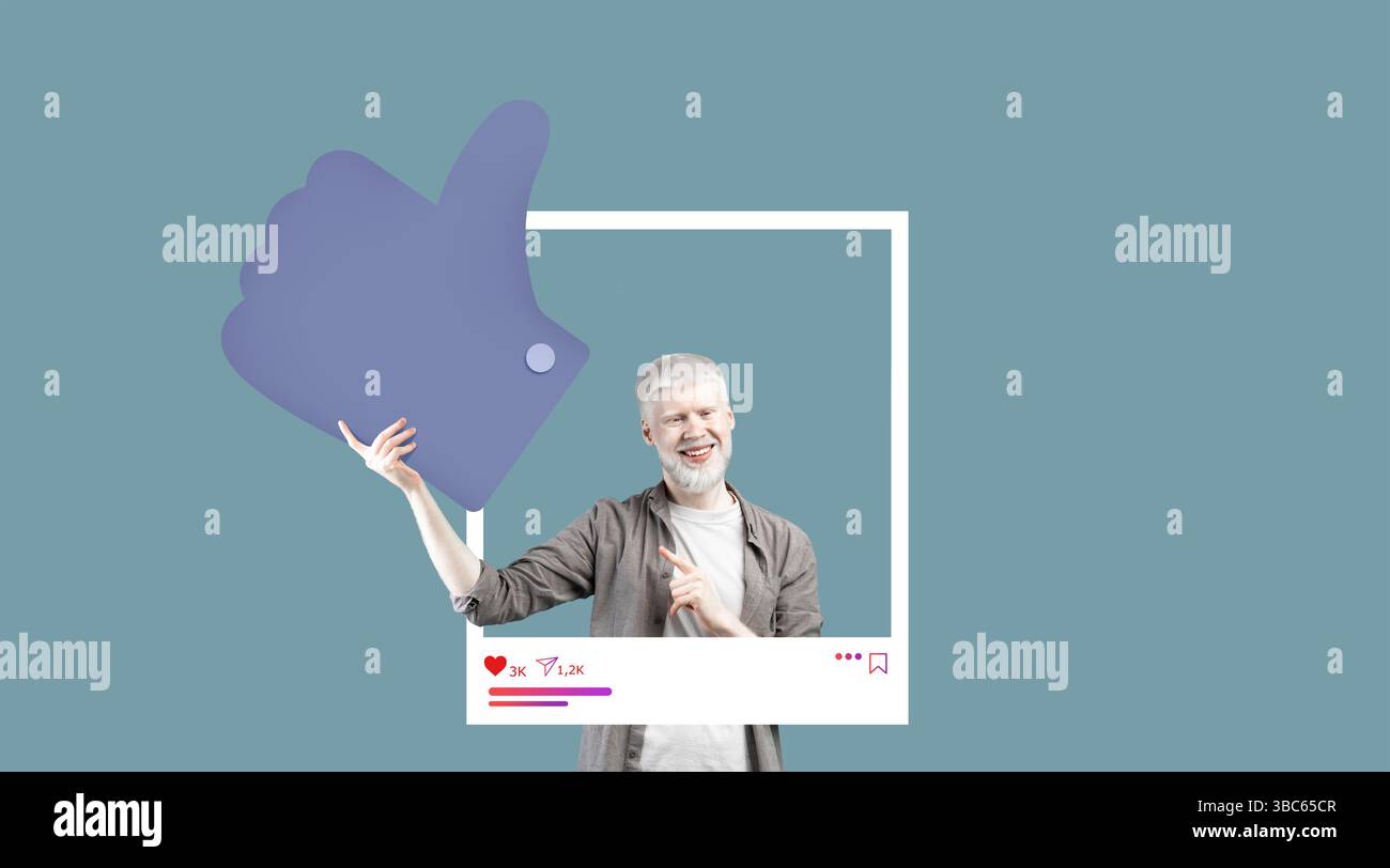 Influenceur engageant mettant en vedette la connexion pouce levé dans le collage de médias sociaux Banque D'Images