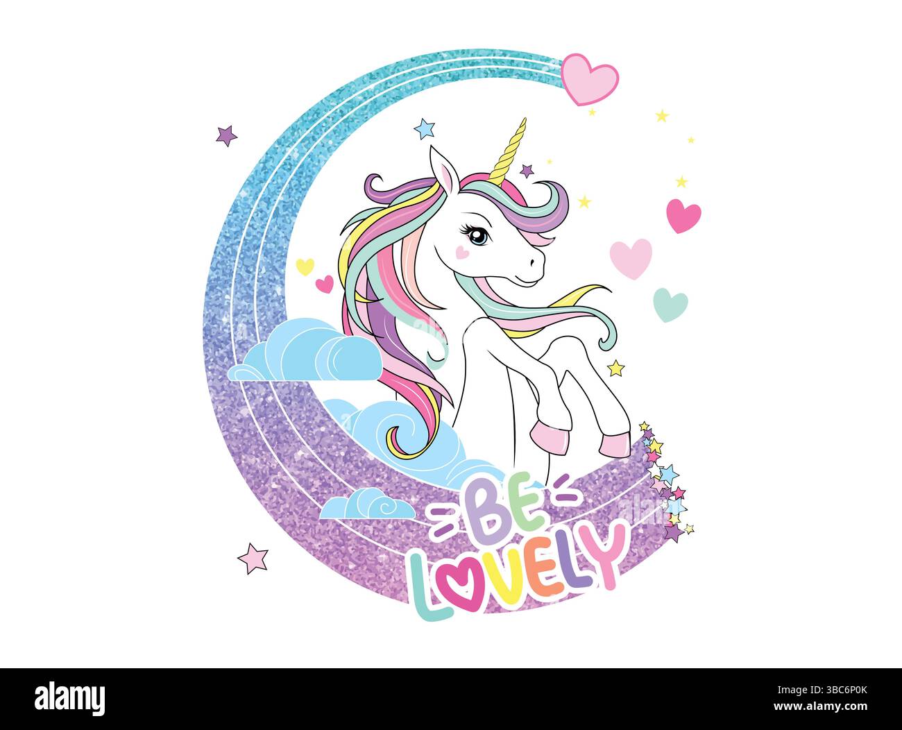 Mignonne licorne sur une lune brillante Illustration de Vecteur