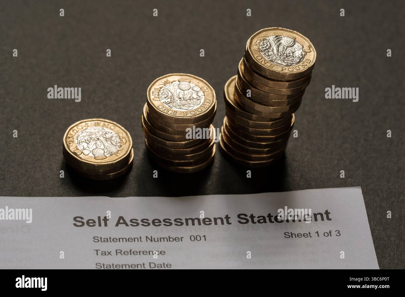 Piles de pièces britanniques d'une livre à côté de la déclaration d'auto-évaluation du HMRC, concept de déclaration du revenu personnel et responsabilité fiscale britannique, Stafford, ONU Banque D'Images