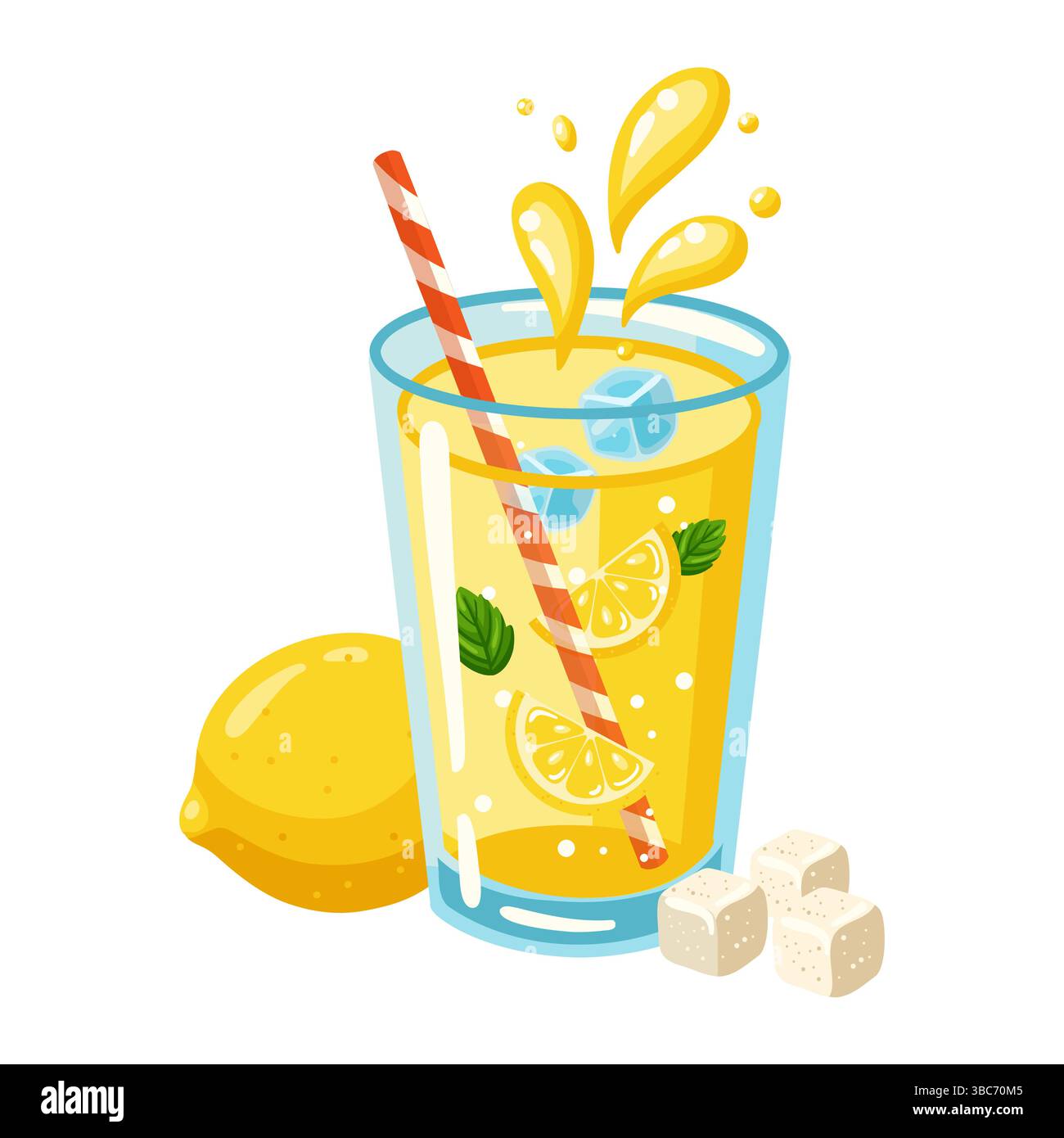 Limonade rafraîchissante en verre avec paille, citron plein et tranches, glaçons, feuilles de menthe, sucre. Illustration vectorielle de dessin animé Illustration de Vecteur