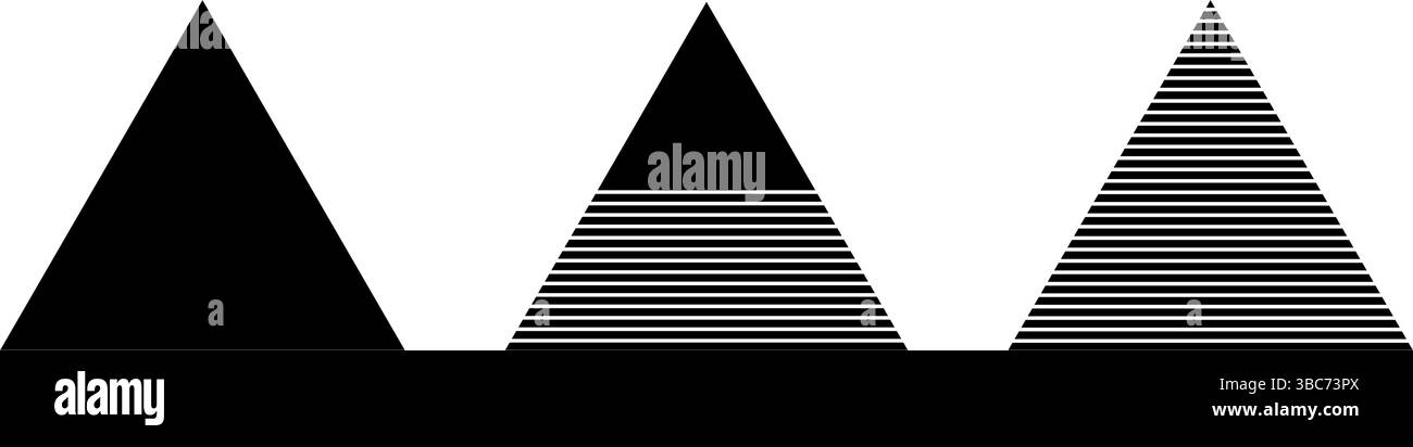 Triangles noirs entiers, semi-striés et rayés. Formes triangulaires rayées. Éléments de design minimalistes isolés sur fond blanc. Illustration graphique vectorielle. Illustration de Vecteur