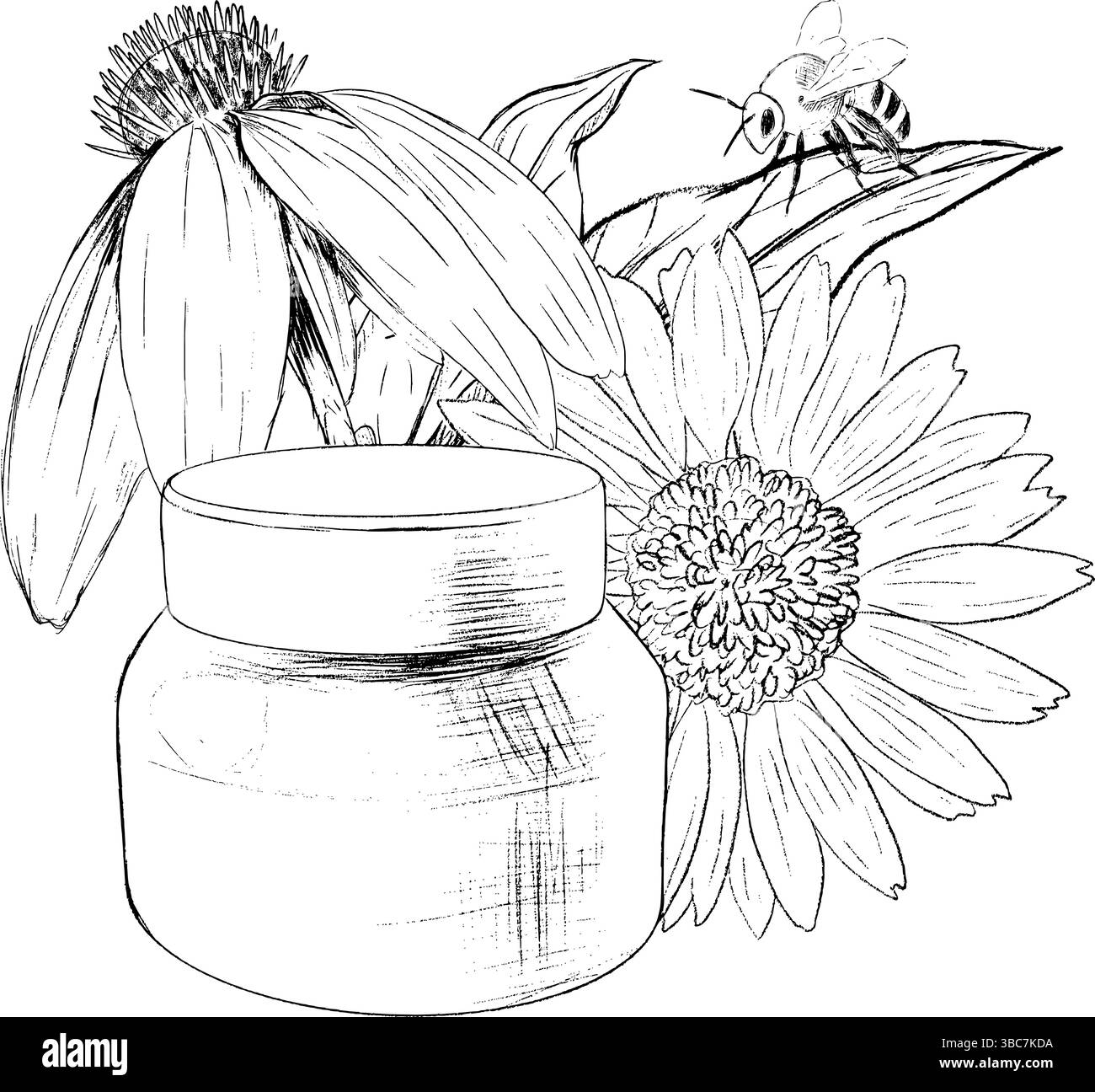 Une illustration complexe dessinée à la main présente un pot de miel entouré de fleurs colorées et d'une abeille bourdonnante. Graphiques vectoriels dessinés à la main, dessin au trait noir et blanc isolé sur fond blanc. Illustration de Vecteur