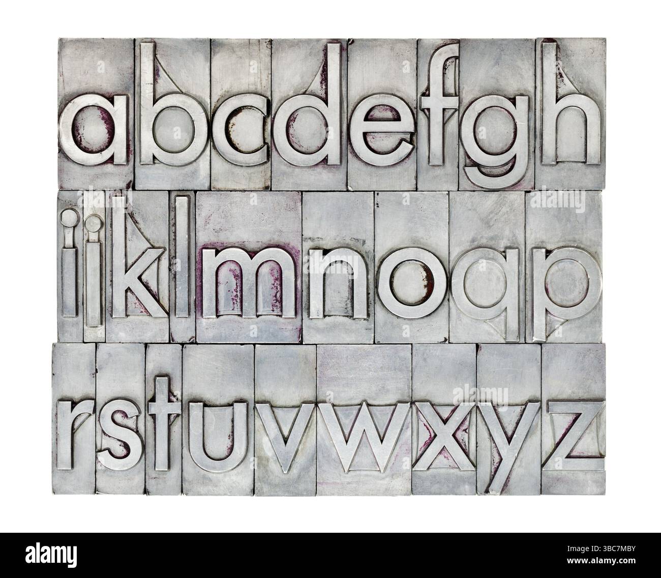 Alphabet anglais minuscule en typographie métal vintage, composition carrée isolée sur blanc Banque D'Images