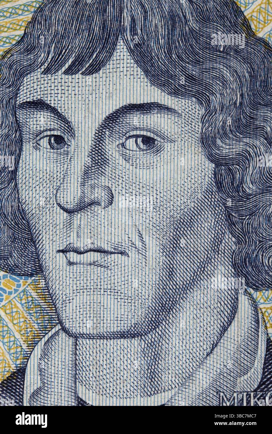 Portrait de Nicolaus Copernic - détail de la gravure sur billet de 1000 zloty de Pologne Banque D'Images