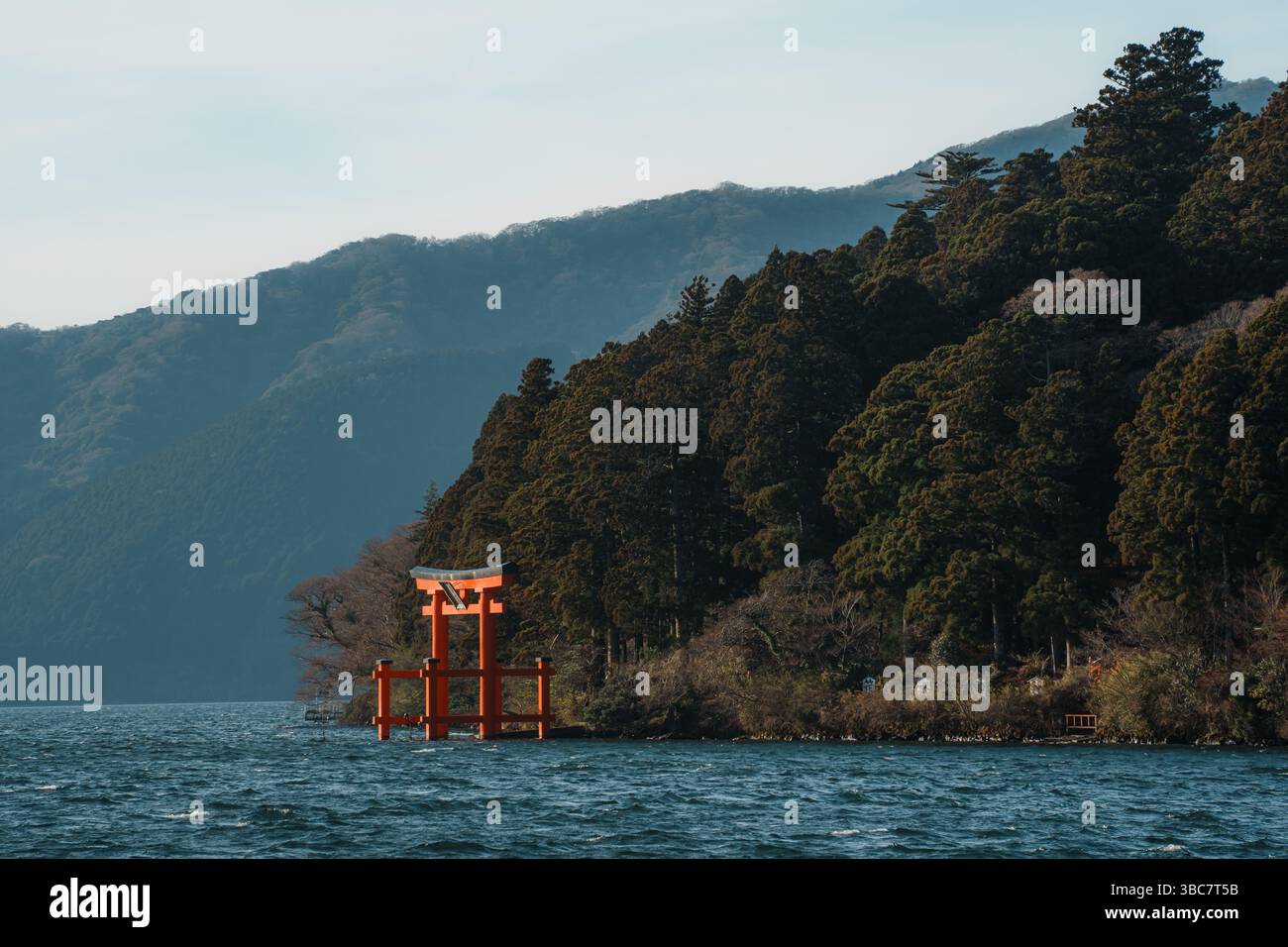 Vue panoramique d'une porte torii rouge traditionnelle debout dans le lac Ashi avec des collines boisées en arrière-plan. Banque D'Images