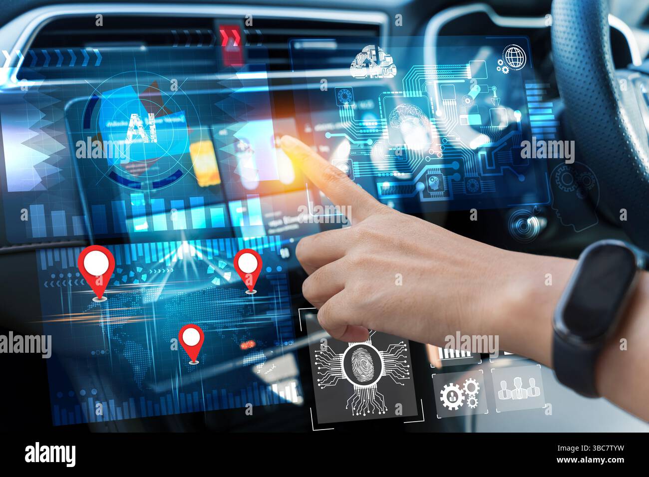 Main interagissant avec l'écran futuriste de tableau de bord de voiture intelligente alimenté par IA, montrant la navigation GPS, les données numériques, le balayage d'empreintes digitales et le réseau neuronal, co Banque D'Images