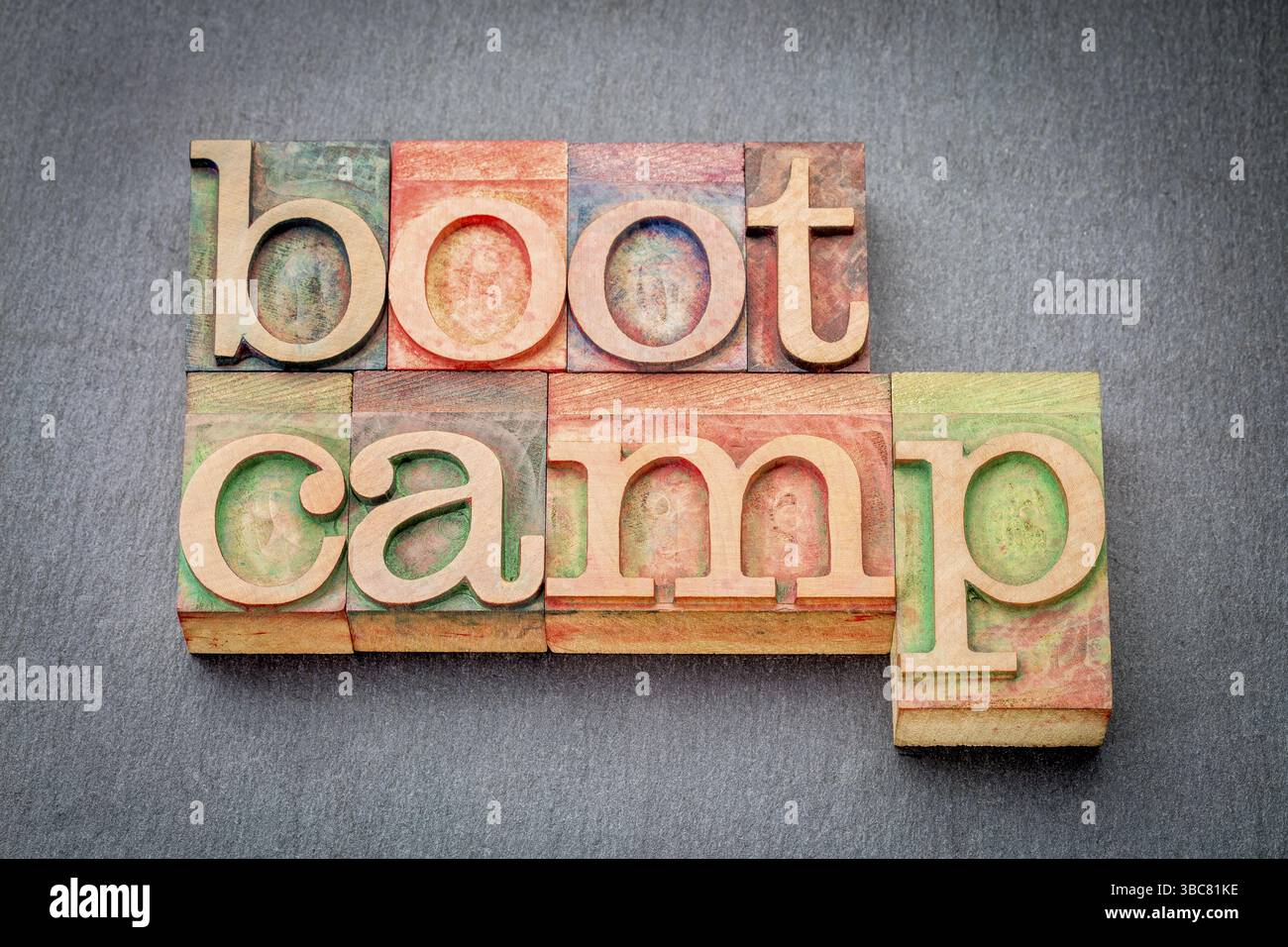 Résumé de mot camp de démarrage en type de bois typographique - concept de formation Banque D'Images