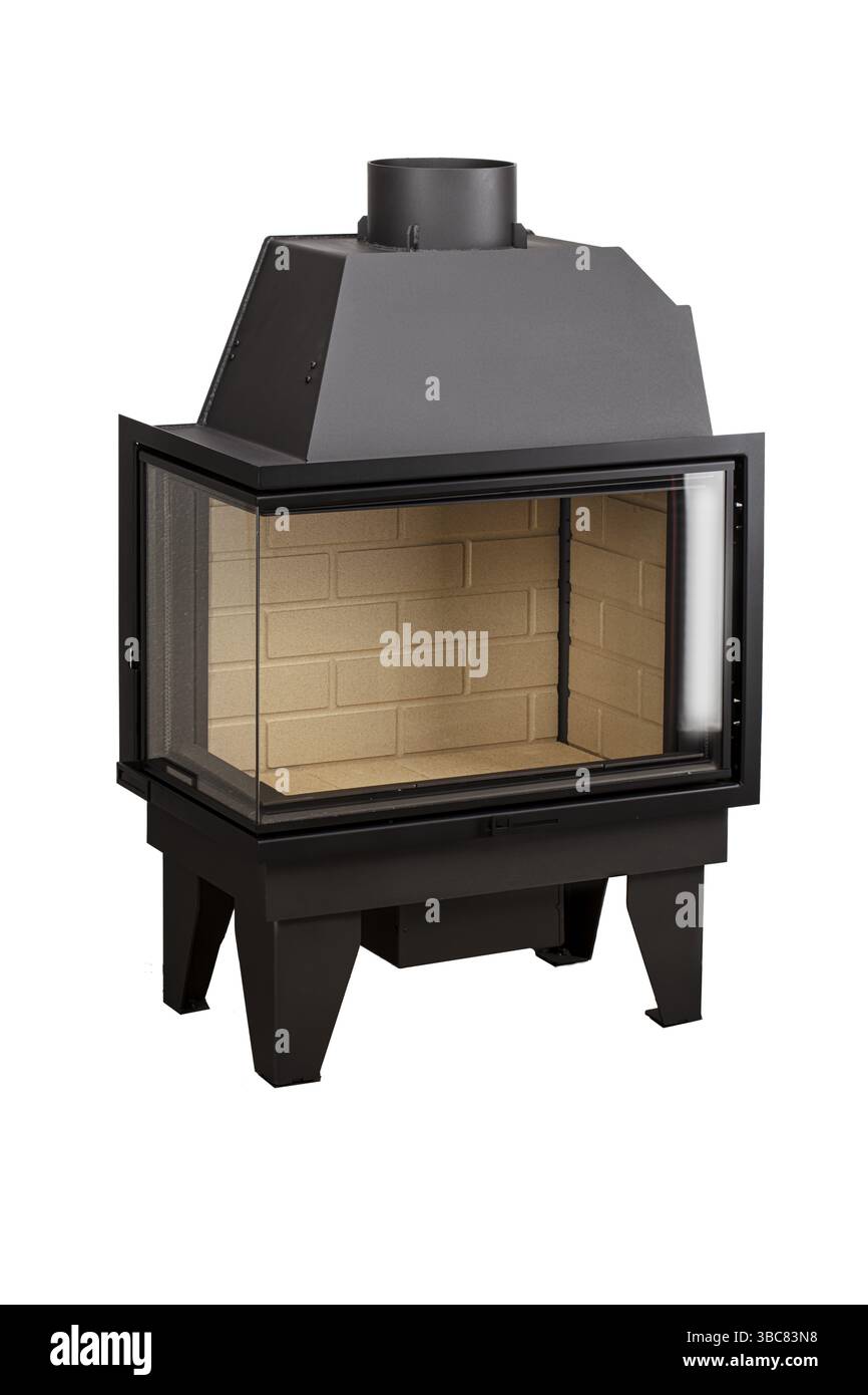 Cheminées modernes pour le chauffage en métal et verre résistant à la chaleur. Chaudière pour combustibles solides sur fond blanc Banque D'Images