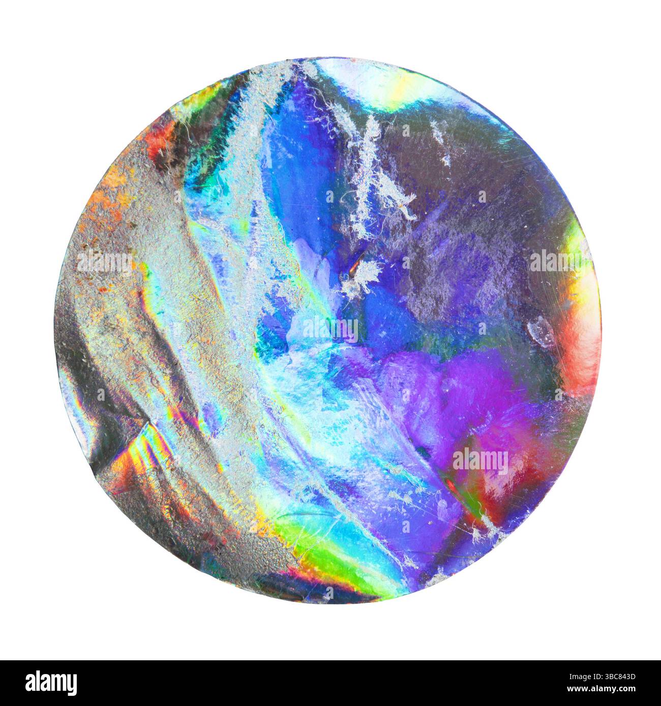 Vieil autocollant de cercle holographique sur fond blanc avec chemin de détourage Banque D'Images