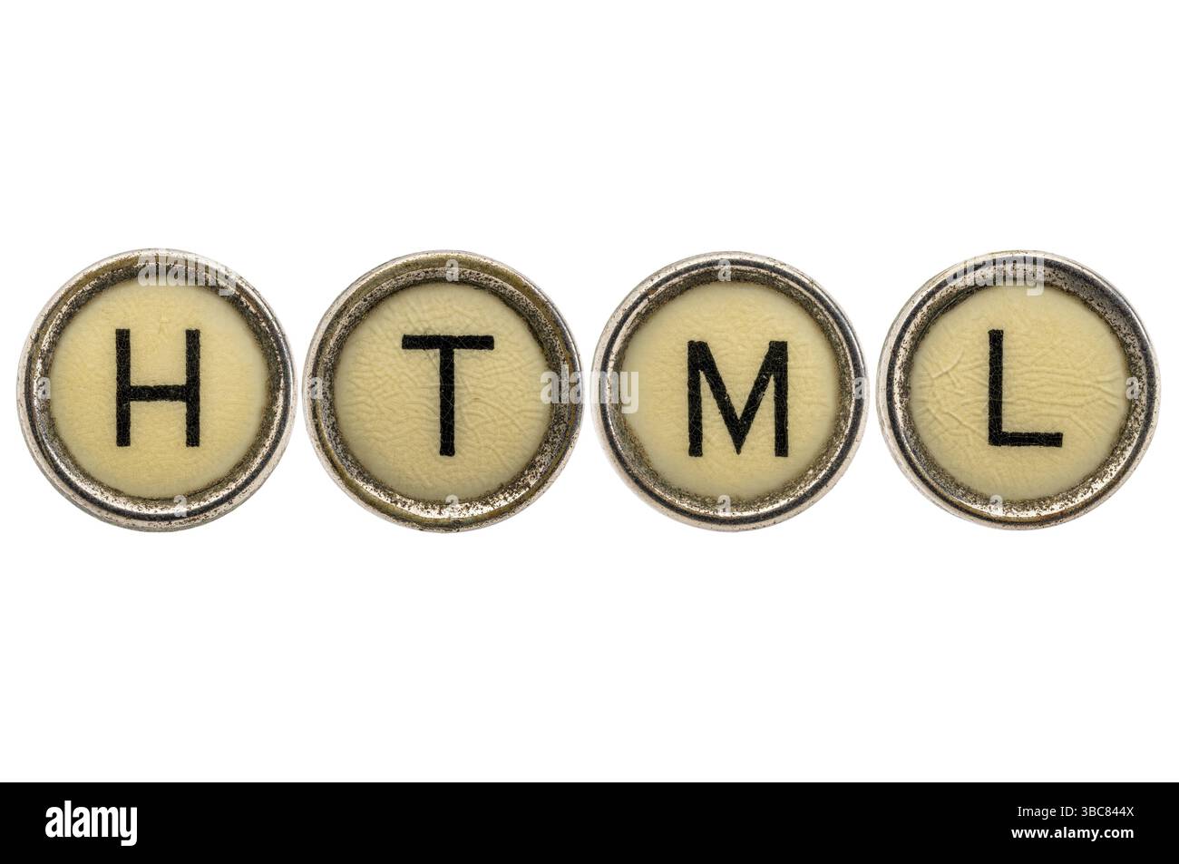 HTML - acronyme dans les vieilles clés rondes de machine à écrire isolé sur blanc Banque D'Images