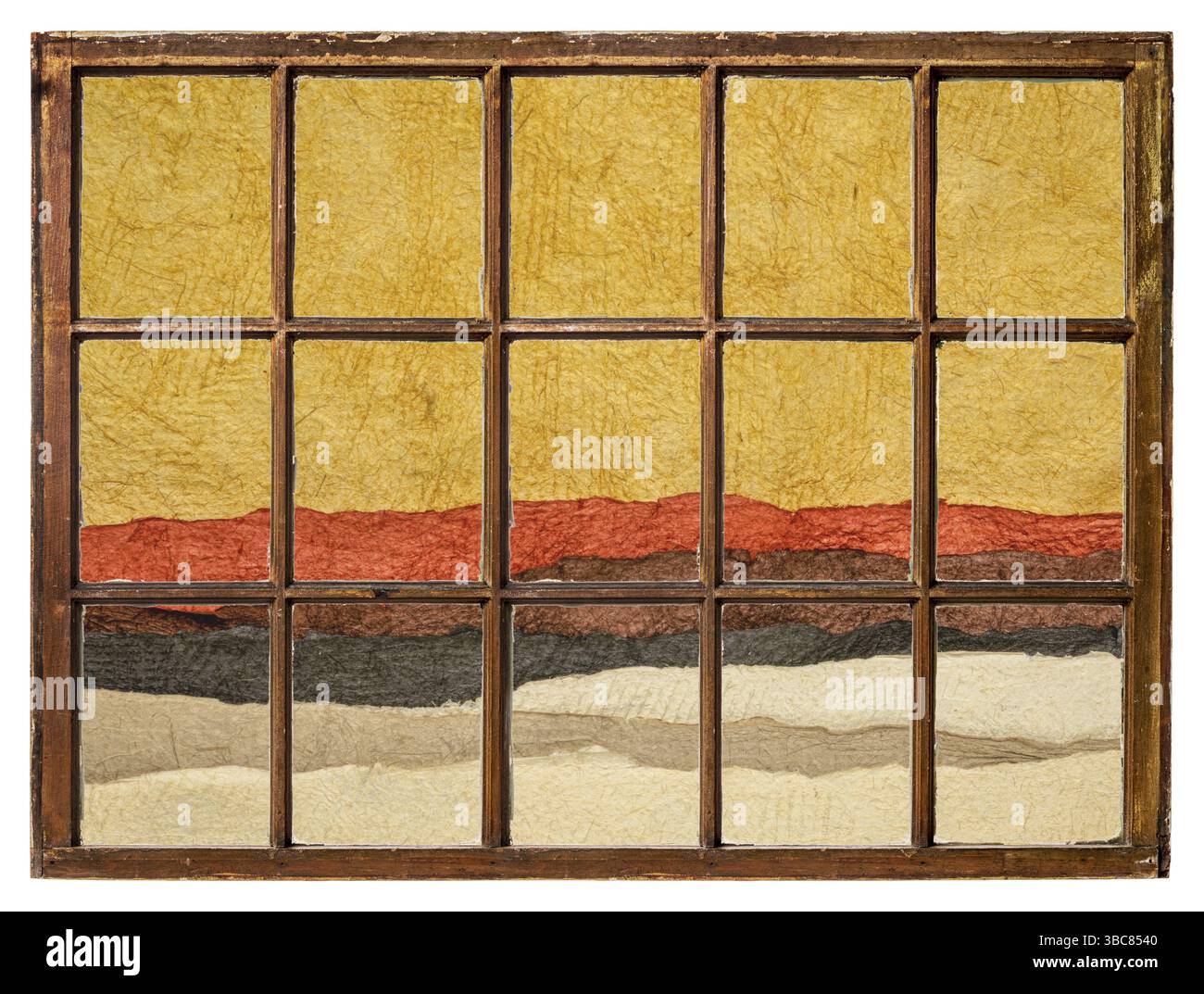 Paysage désert ou badlands vu d'une fenêtre à guillotine vintage, abstrait créé avec des feuilles de papier texturé coloré fabriqué à la main mexicain Banque D'Images