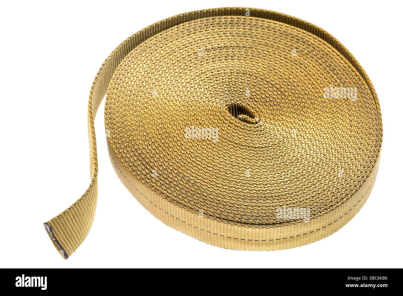 Sangle tubulaire en nylon pour l'escalade, l'alpinisme, le travail industriel et le sauvetage, un rouleau isolé sur blanc Banque D'Images