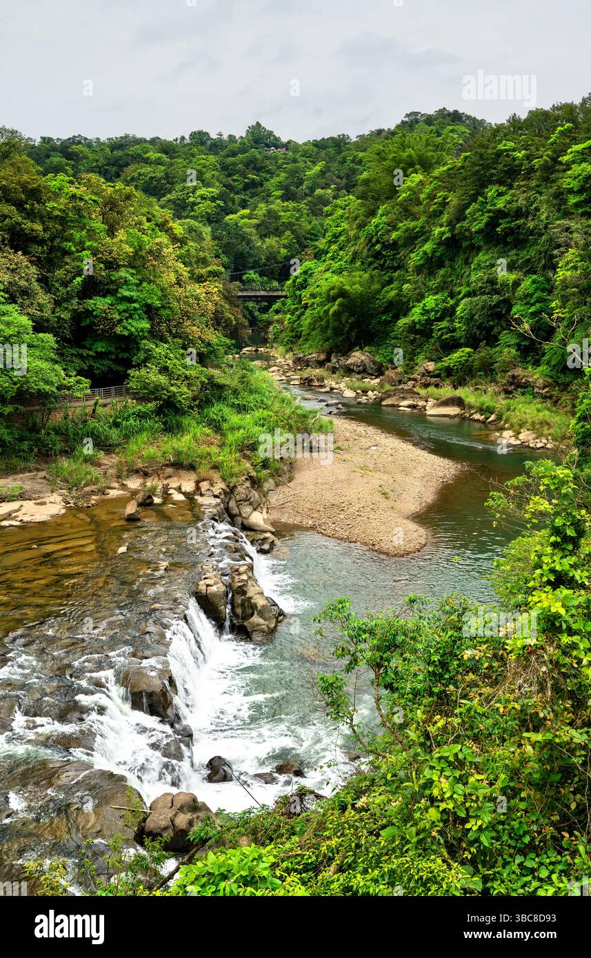 La rivière Keelung serpente à travers le paysage verdoyant de Shifen, Taiwan, sculptant son chemin autour des rochers et des petites cascades. Entourée d'une forêt subtropicale dense, la rivière offre une retraite naturelle paisible dans le pittoresque quartier de Pingxi Banque D'Images