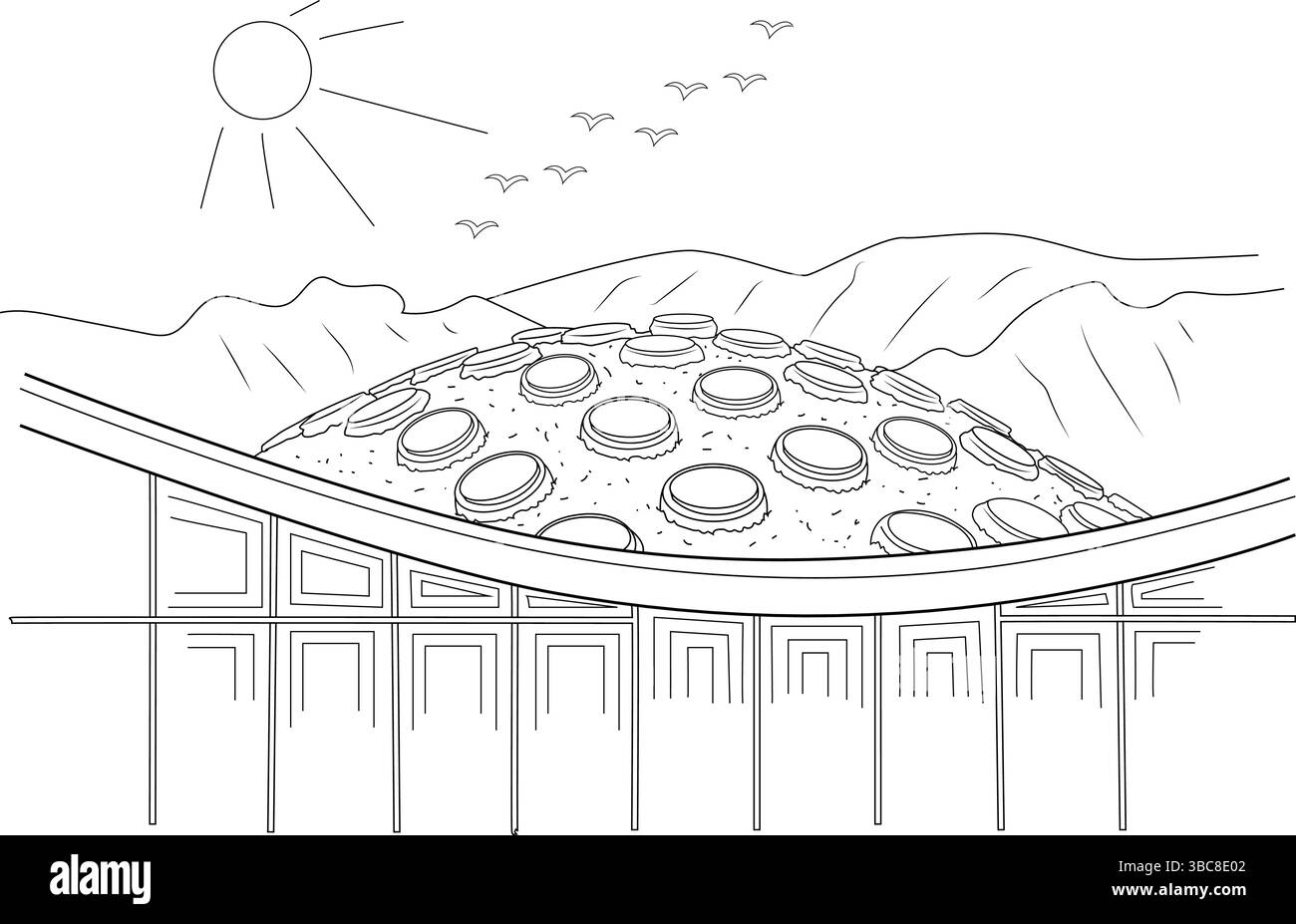 Illustration simple en noir et blanc du bâtiment de l'Académie des sciences de Californie à Golden Gate Park, San Francisco, avec son dist Illustration de Vecteur