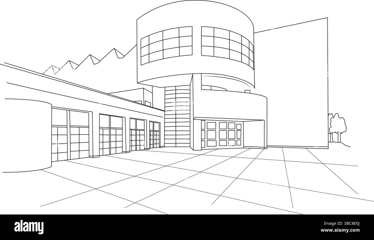 Dessin au trait noir et blanc illustration de l'architecture moderne du Crocker Art Museum à Sacramento, Californie. Présente la courbe caractéristique Illustration de Vecteur