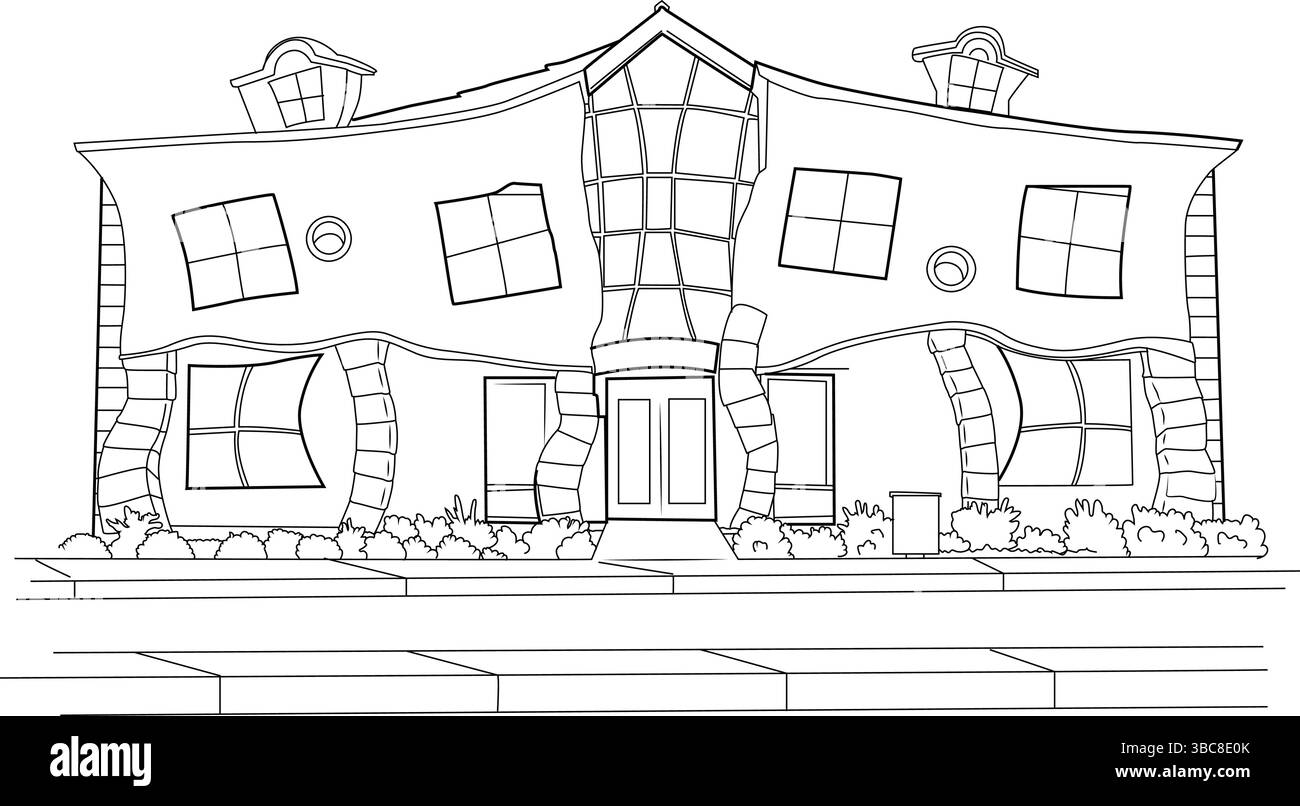 Dessin d'art au trait noir et blanc d'une façade de bâtiment amicale et fantaisiste, suggérant une clinique médicale pour enfants ou adolescents en Californie. Le Illustration de Vecteur