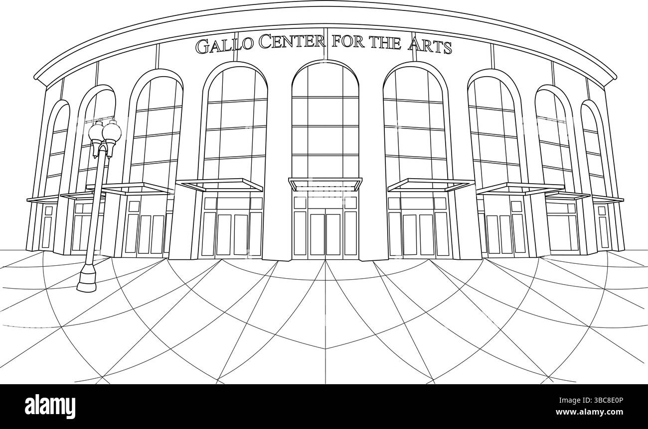 Dessin au trait noir et blanc de l'extérieur du Gallo Center for the Arts de Modesto, Californie. L'illustration représente la façade principale avec Ar Illustration de Vecteur