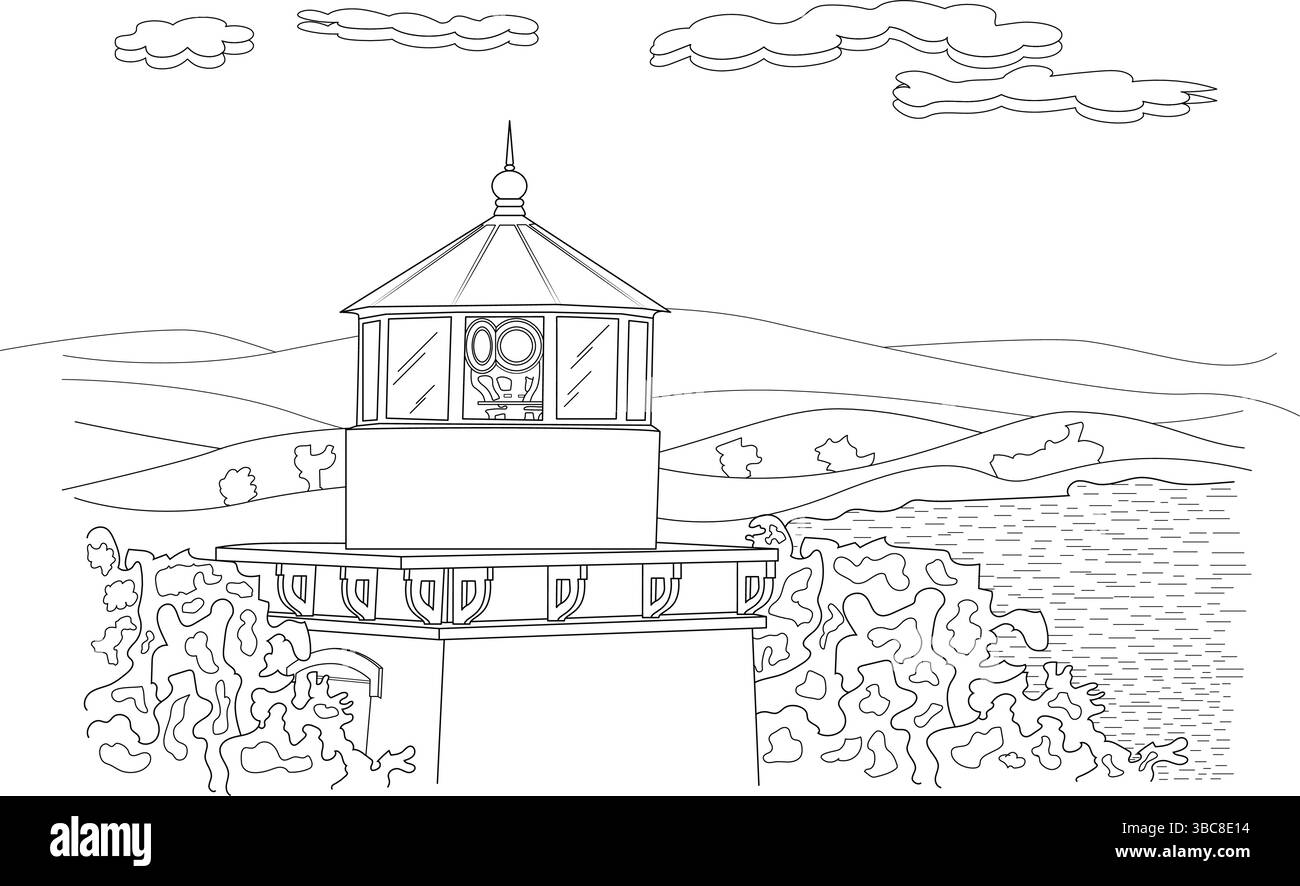 Dessin de contour noir et blanc du phare Trinidad Memorial en Californie, situé sur une colline surplombant l'eau avec des nuages et des collines en t Illustration de Vecteur