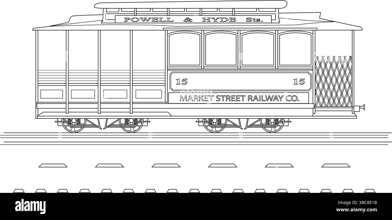 Dessin au trait noir et blanc d'un tramway historique de Market Street Railway Co., probablement de San Francisco, Californie. Présente des détails comme le dest Illustration de Vecteur