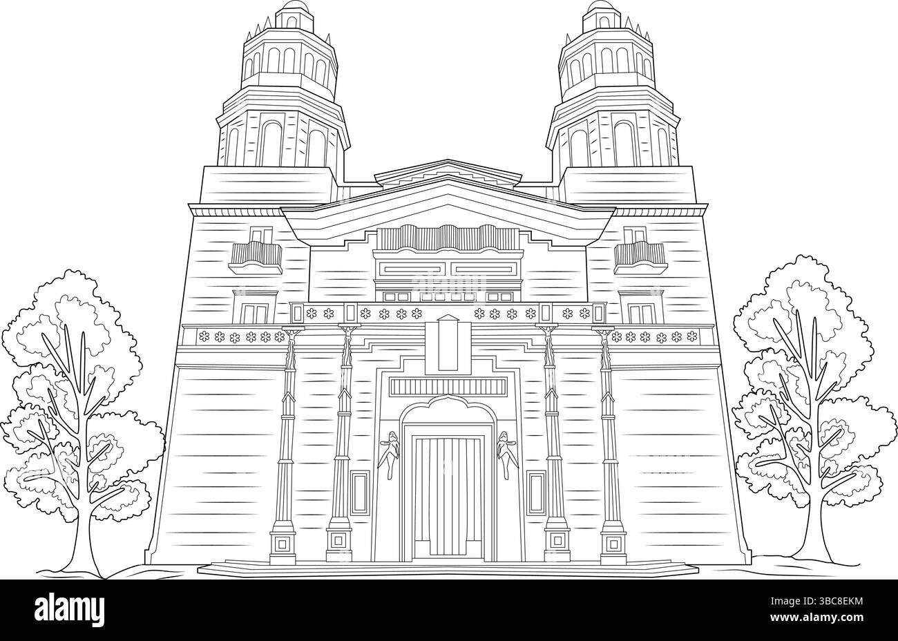 Illustration d'art au trait noir et blanc du château de Hearst en Californie, un monument célèbre et chef-d'œuvre architectural. Parfait pour les livres de coloriage, edu Illustration de Vecteur