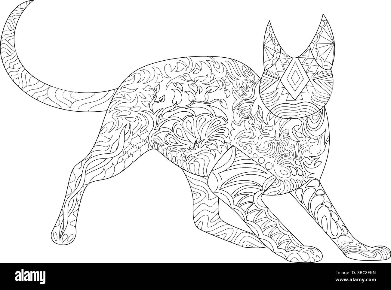 Illustration détaillée d'un chat au trait noir et blanc rempli de motifs abstraits et décoratifs complexes. Idéal pour les livres de coloriage adultes, rela Illustration de Vecteur