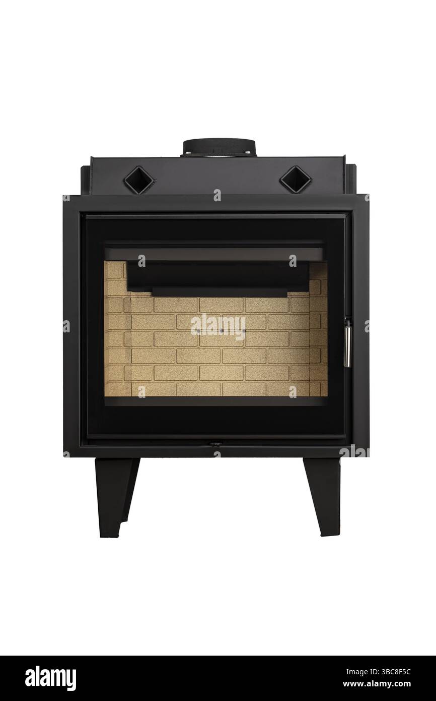 Cheminées modernes pour le chauffage en métal et verre résistant à la chaleur. Chaudière pour combustibles solides sur fond blanc Banque D'Images