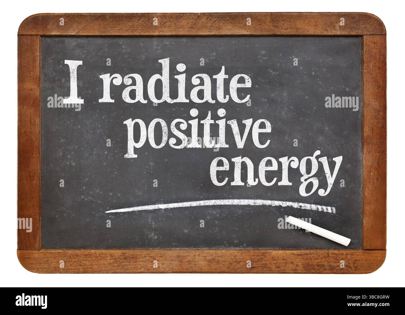 Je rayonne de l'énergie positive - des mots d'affirmation positifs sur un tableau noir d'ardoise vintage Banque D'Images