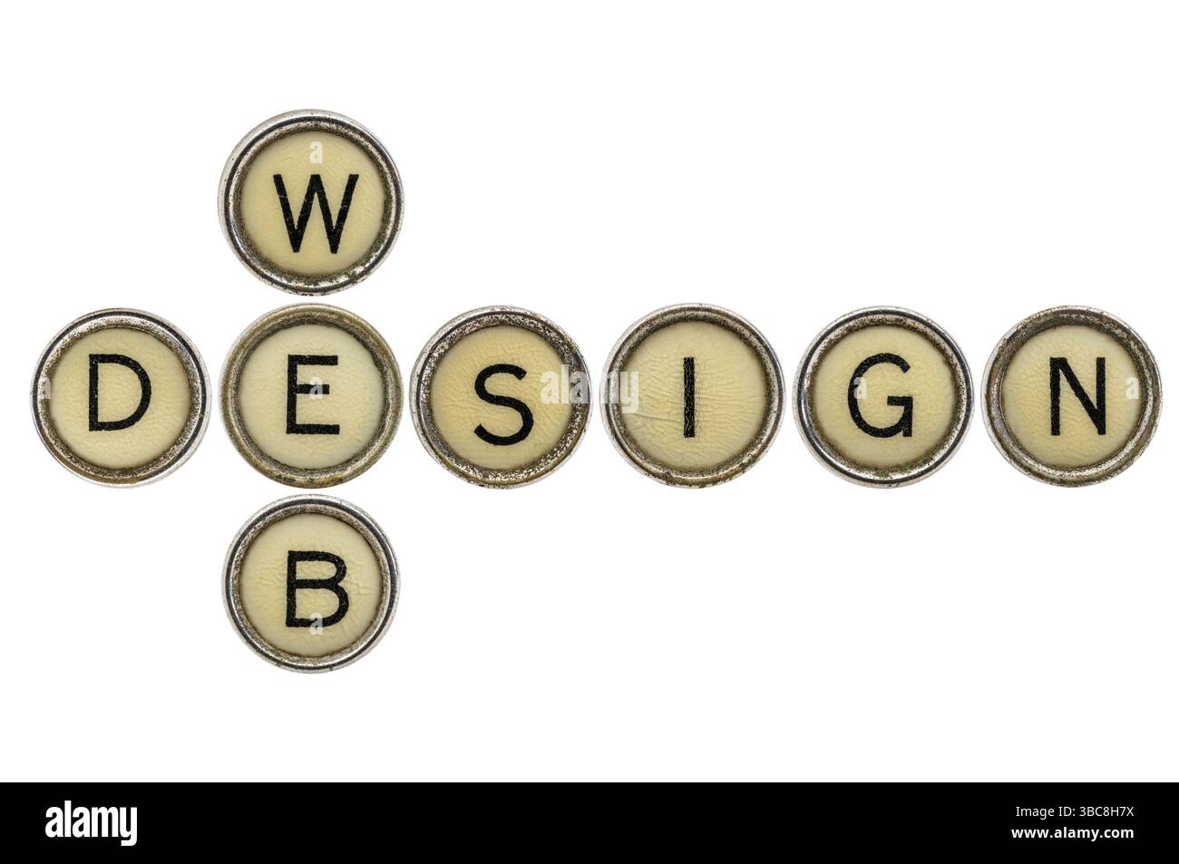 Web design mots croisés dans de vieilles clés de machine à écrire rondes isolées sur blanc Banque D'Images