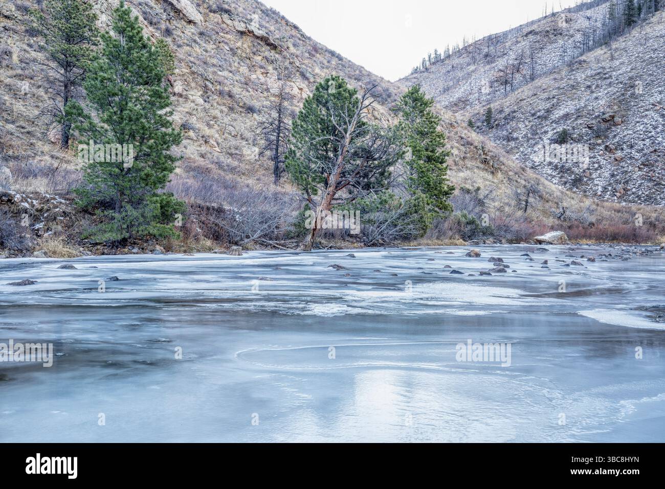 Rivière cache la poudre à Diamond Rock à l'ouest de Fort Collins dans le nord du Colorado - paysage hivernal avec une rivière partiellement gelée Banque D'Images