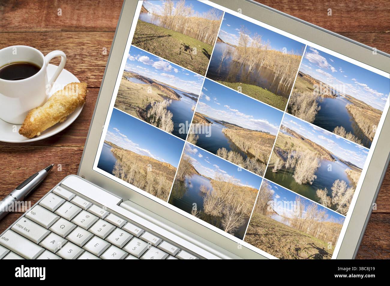 Visualisation et édition d'une séquence de photos aériennes time lapse sur un ordinateur portable - paysage de lac dans le Colorado avec une ombre de drone Banque D'Images