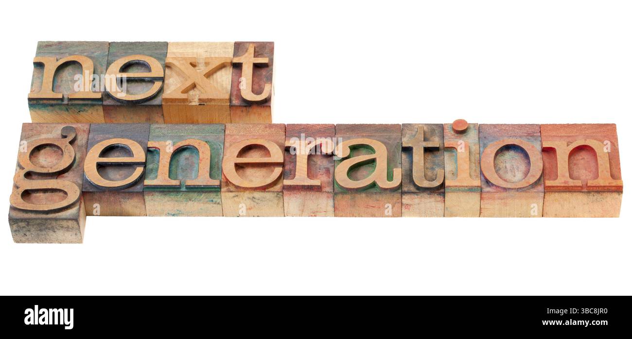 Prochaine génération - phrase isolée dans les blocs d'impression typographique en bois vintage Banque D'Images