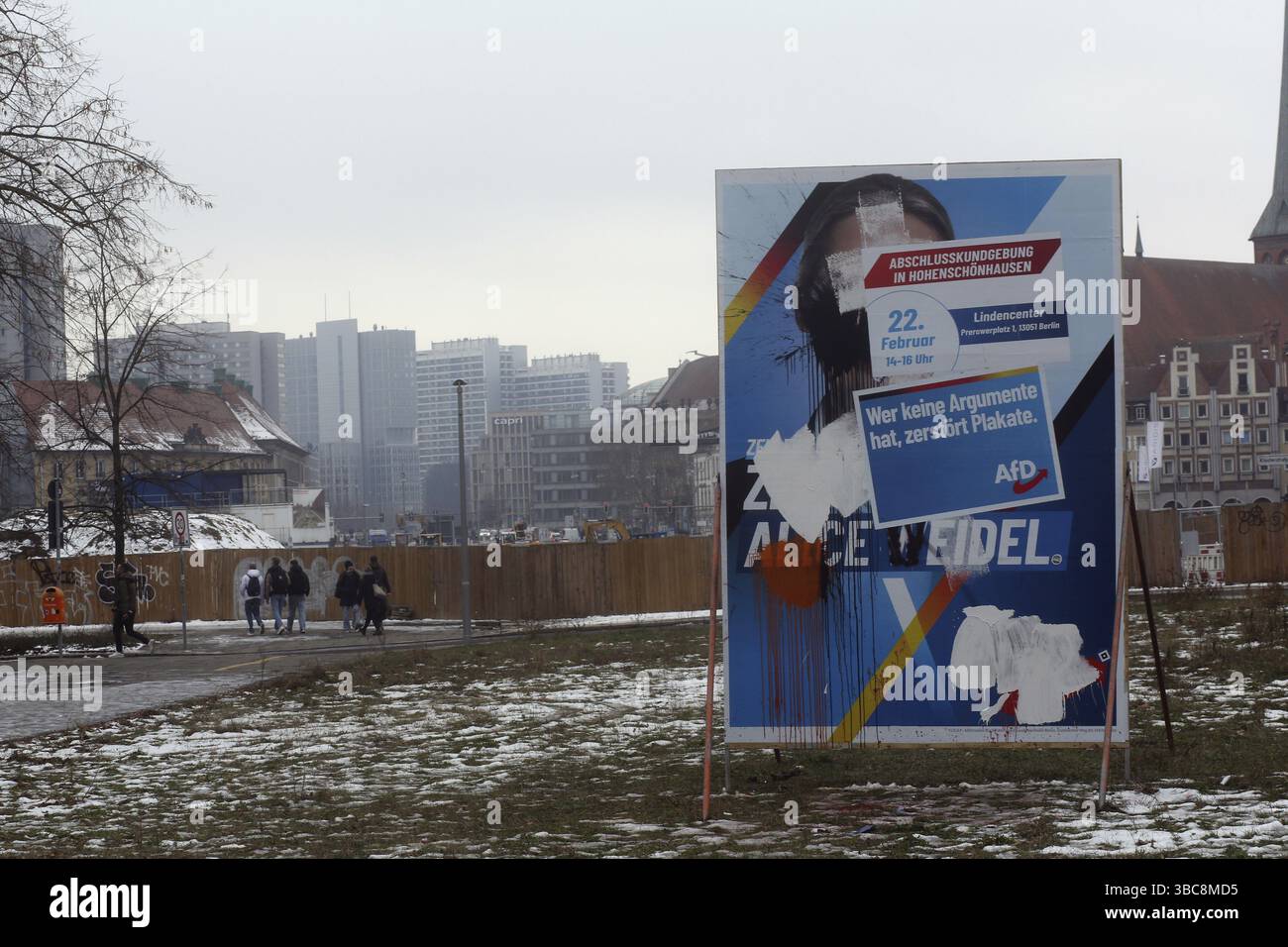 Une affiche électorale de l'AFD qui a été endommagée pendant la campagne électorale de 2025. Berlin, Allemagne, Europe Banque D'Images