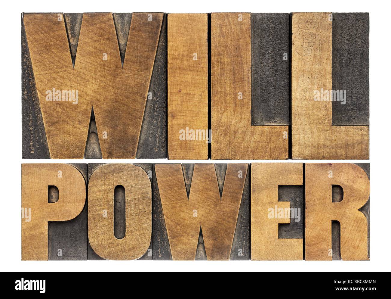 Will Power Words - texte isolé dans le type de bois typographique Banque D'Images