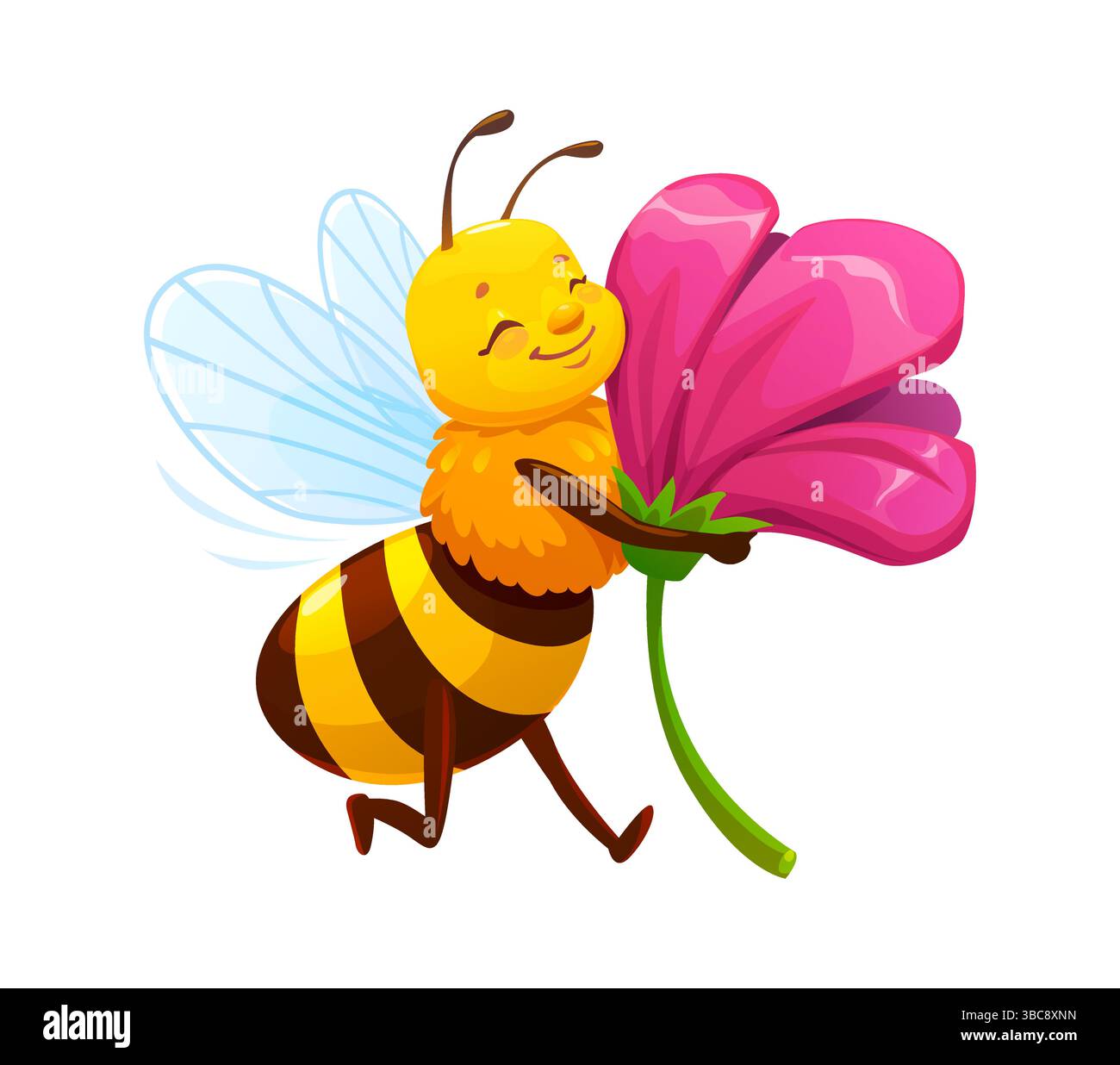 Personnage d'abeille de miel de dessin animé volant avec le visage rêveur et embrassant grande fleur rose. Vecteur adorable insecte jaune aux ailes transparentes et aux yeux fermés rayonne de tendresse, de joie printanière et de pollinisation Illustration de Vecteur