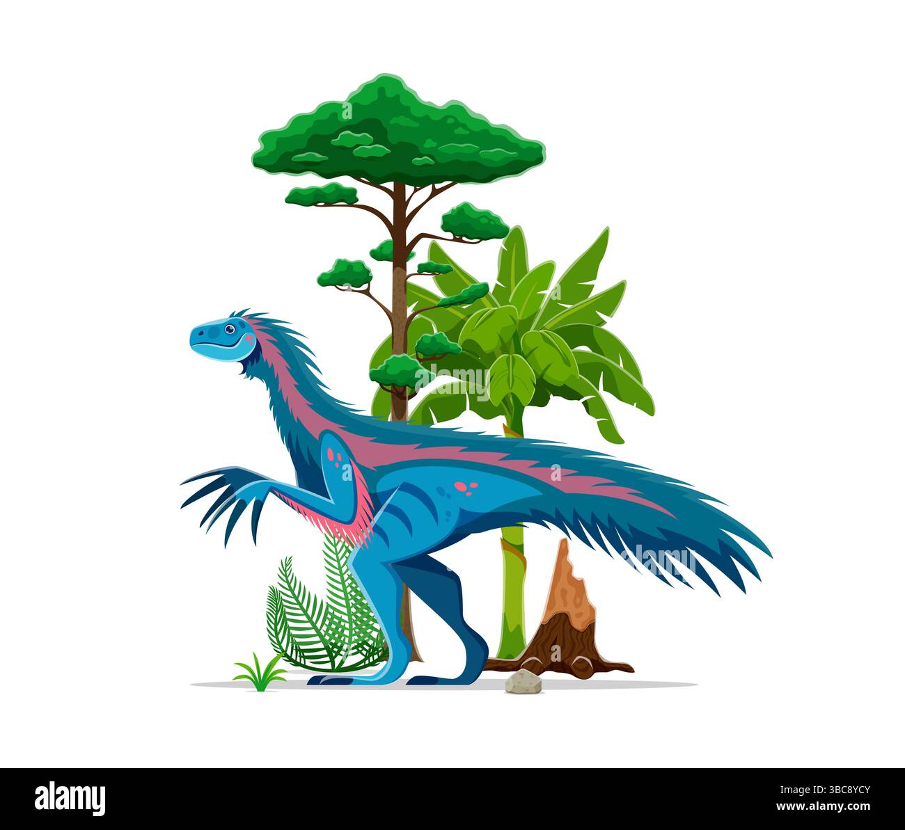 Dinosaure préhistorique Therizinosaurus dans le paysage de l'ère du Crétacé supérieur. Vecteur de bande dessinée isolé à plumes herbivore caractère dino ressemblant à un énorme oiseau avec de longues jambes et des supports de cou sous un grand arbre Illustration de Vecteur