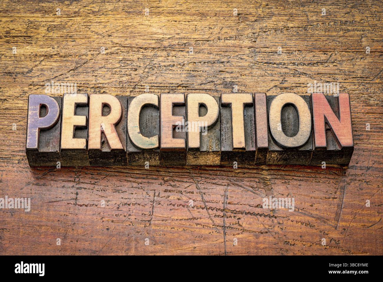 Mot de perception dans des blocs de type bois typographique vintage Banque D'Images