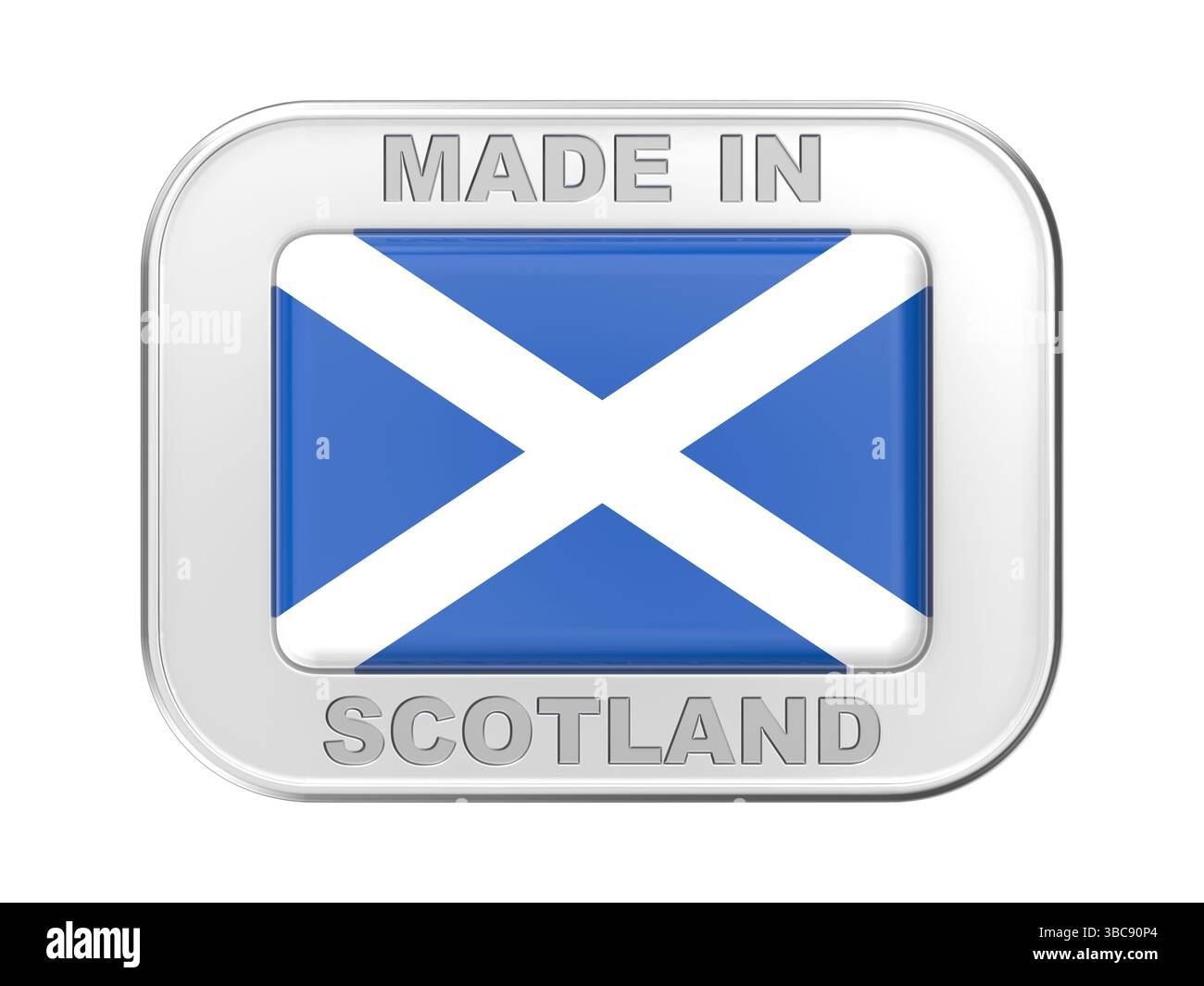 Fabriqué en Écosse, badge argenté avec le drapeau écossais Banque D'Images