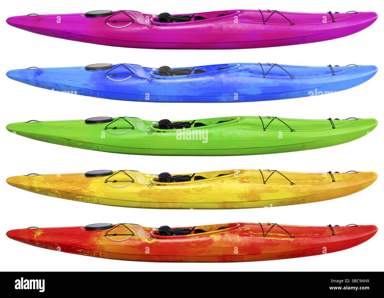 Vue latérale d'un kayak croisé (eau vive et rivière en cours) isolé sur blanc, différentes versions de coloration Banque D'Images