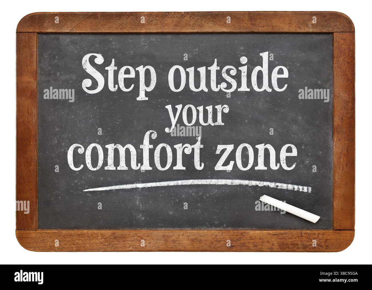 Sortez de votre zone de confort - conseils motivants sur un tableau noir en ardoise vintage Banque D'Images