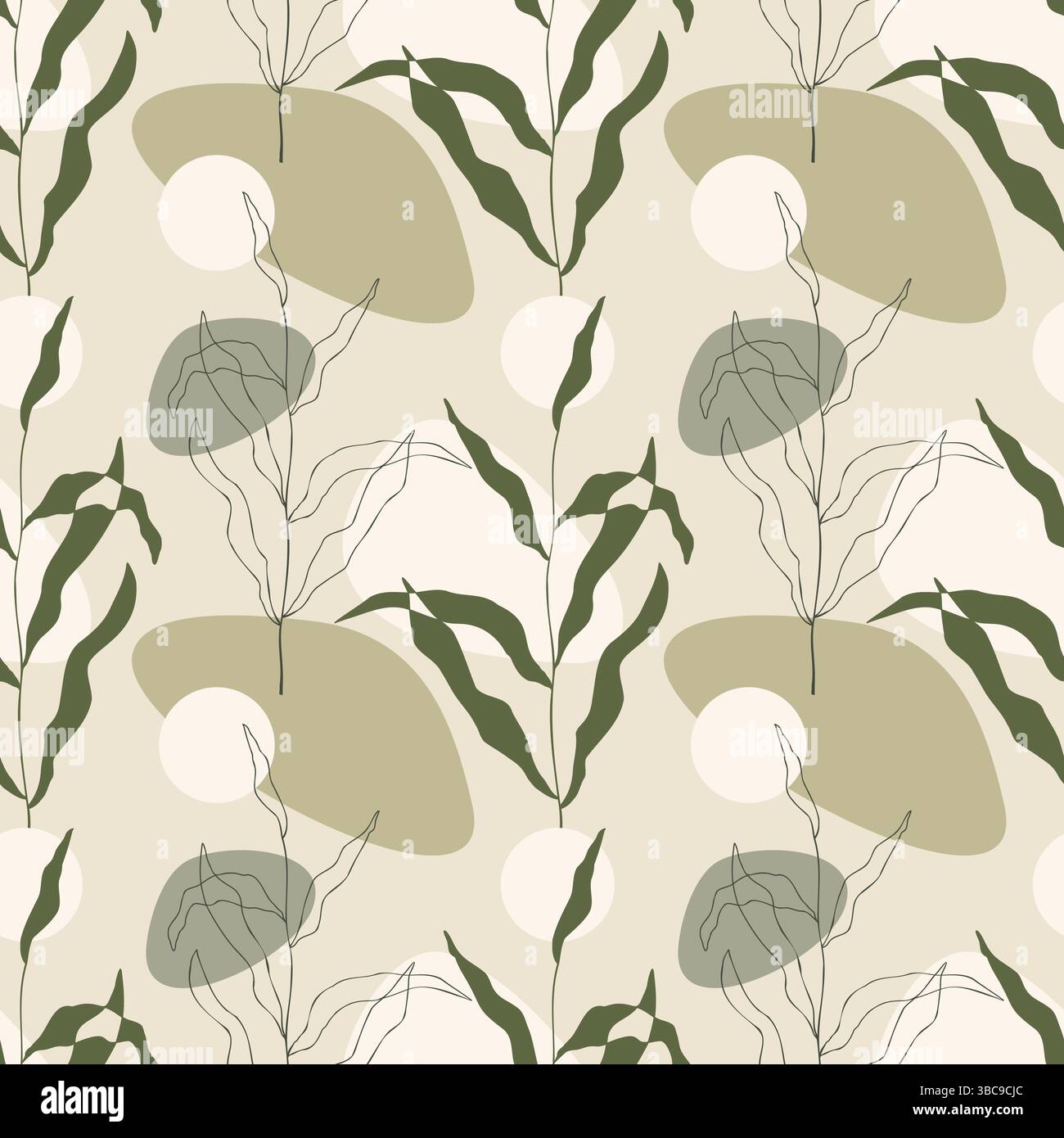 Motif botanique de style boho avec ornement végétal de branches avec des feuilles et des formes harmonieuses lisses dans des couleurs pastel douces. Pour l'intérieur de la maison, mur Illustration de Vecteur