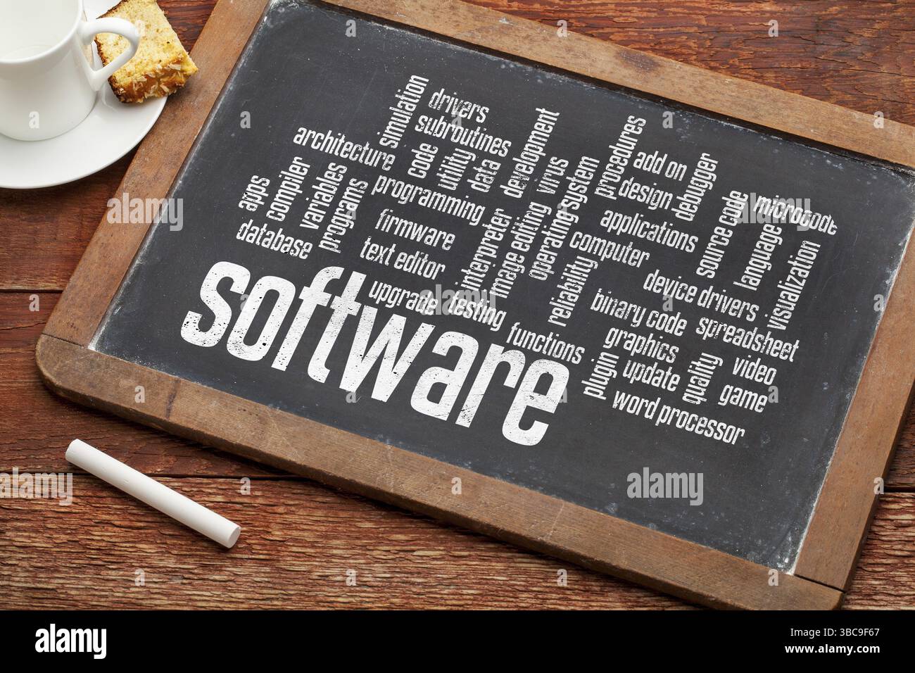 Logiciel et informatique nuage de mots de programmation sur un tableau noir vintage avec de la craie et une tasse de café Banque D'Images