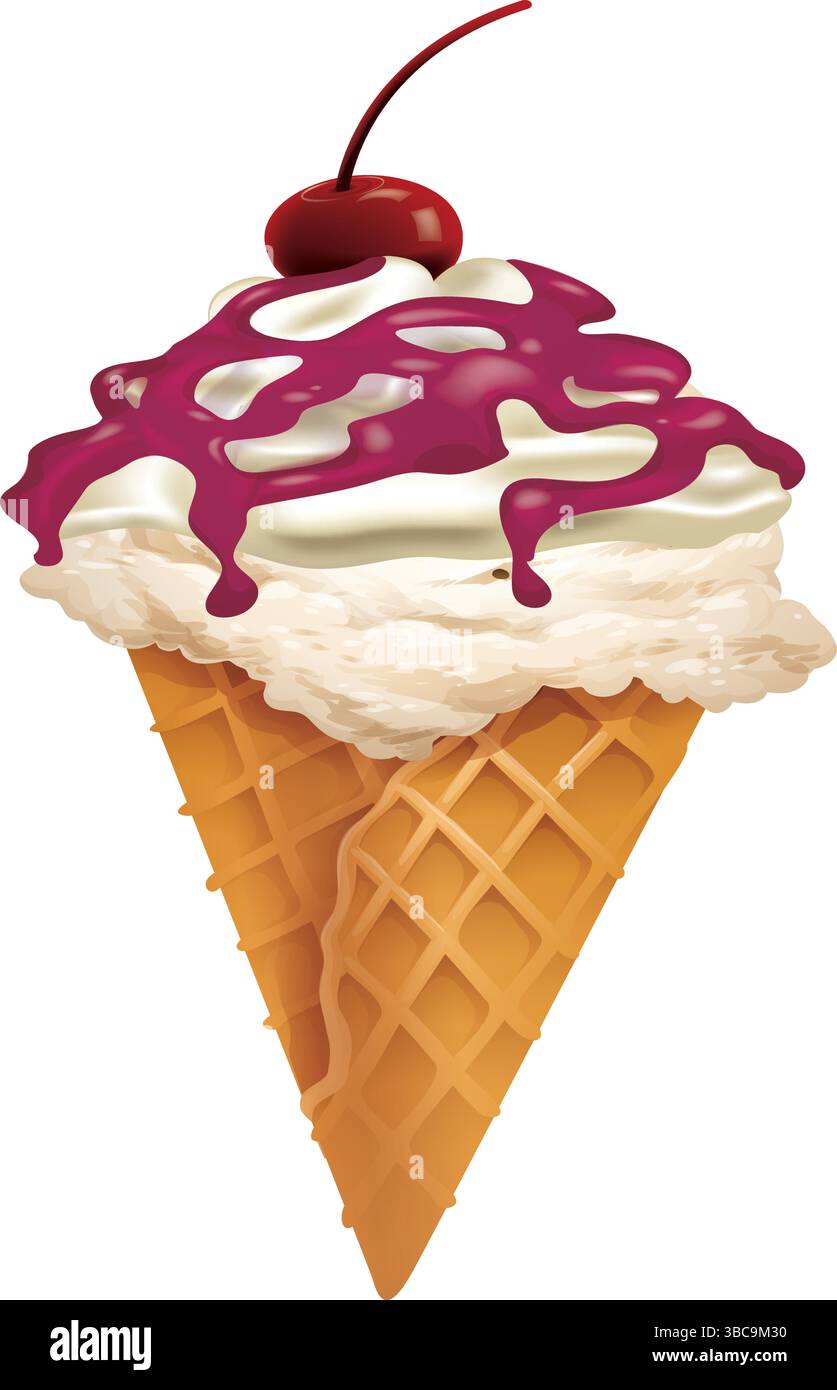 Délicieux cône de crème glacée avec cerise et crème fouettée, isolé sur fond blanc, icône de crème glacée pour l'industrie alimentaire Illustration de Vecteur