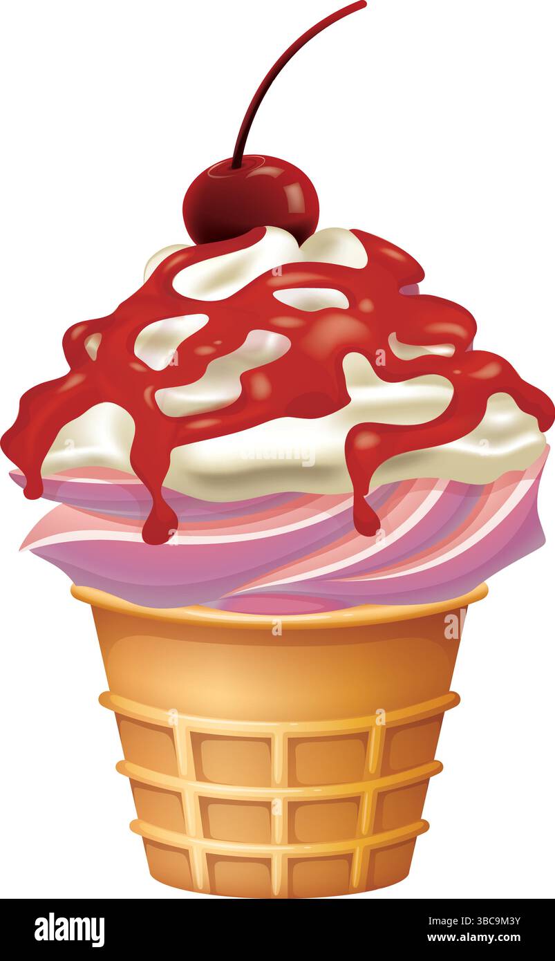 Délicieux cône de crème glacée avec cerise et crème fouettée, isolé sur fond blanc, icône de crème glacée pour l'industrie alimentaire Illustration de Vecteur